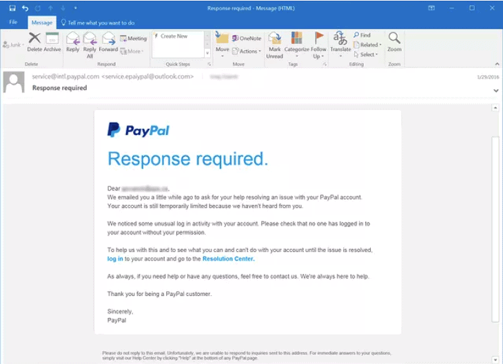Paypal fake notice example from Phishing.org