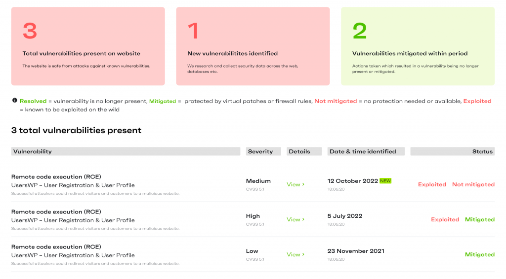 Patchstack developer report - overview of vulnerabilities on a website