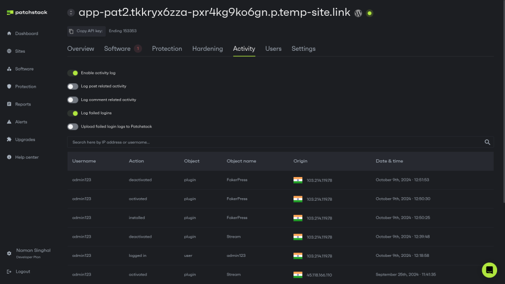 Patchstack's activity log