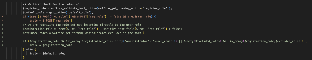 A screenshot of diff output comparing the original and new versions of the registration() function.