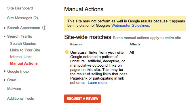 an example of a google manual penalty because of a hacked site