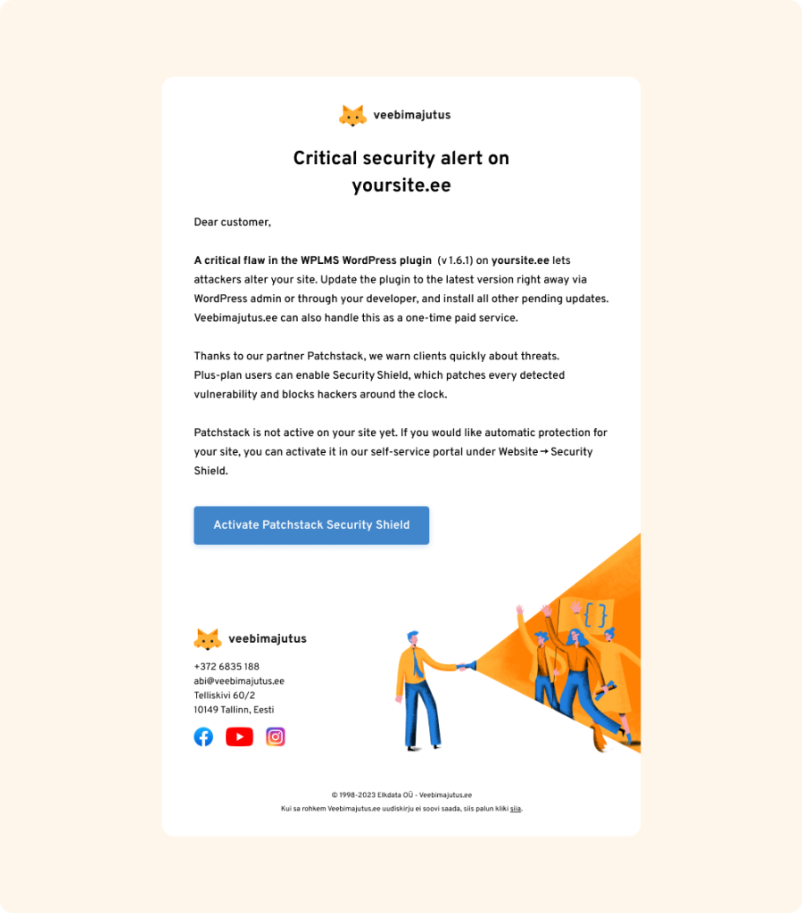 Patchstack vulnerability notifications for Veebimajutus hosting users